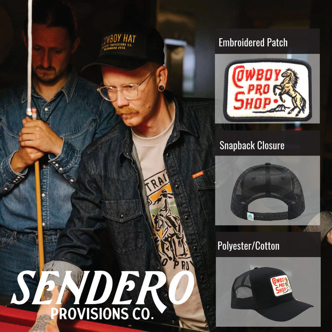 Sendero Provisions Co. Cowboy Pro Shop Adjustable Snapback Hat with Embroidered Patch (Black) - One Size