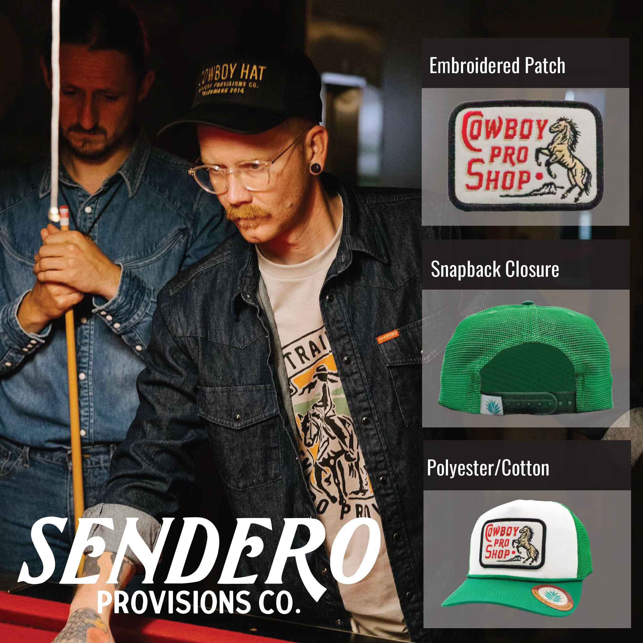 Sendero Provisions Co. Cowboy Pro Shop Adjustable Snapback Hat with Embroidered Patch (White/Green) - One Size