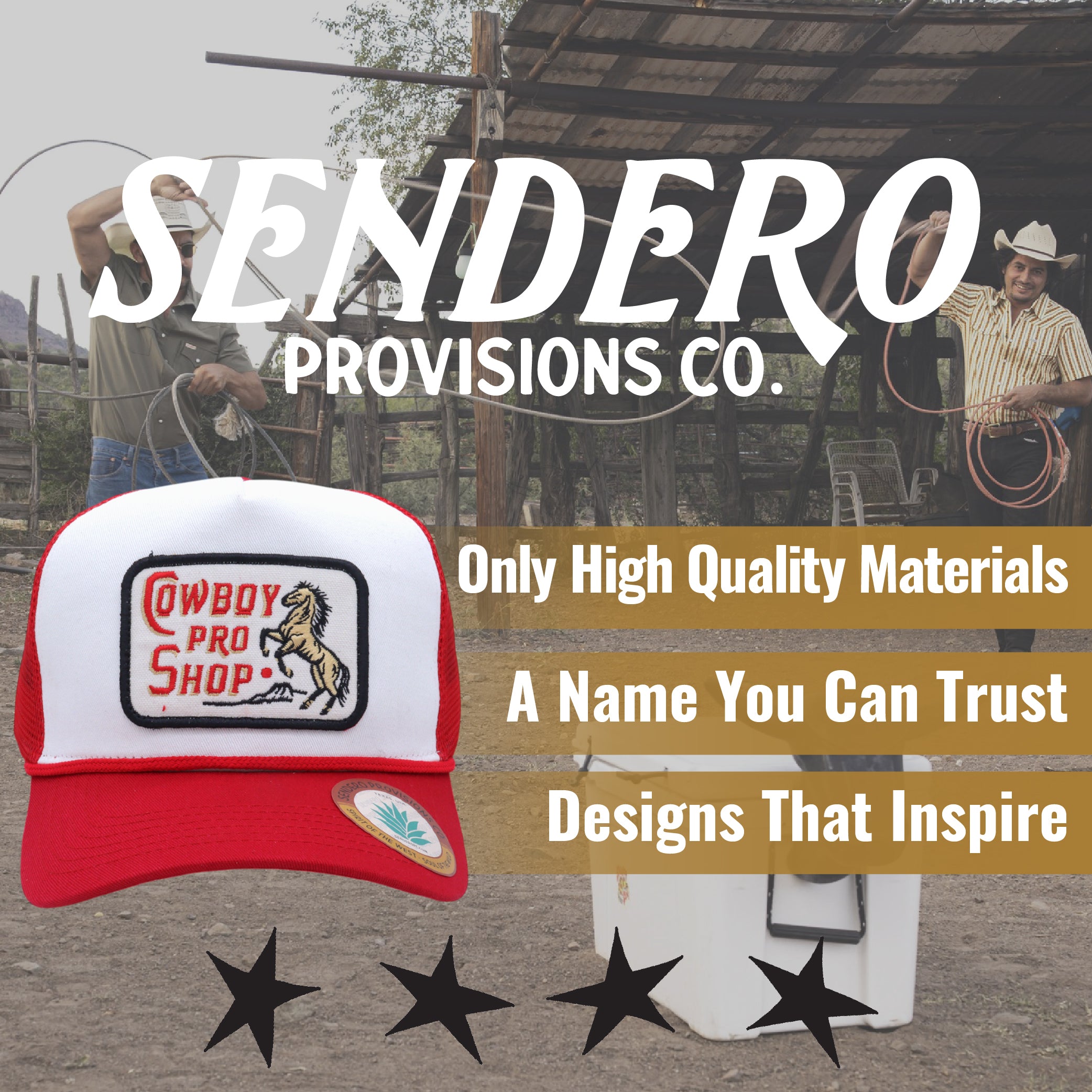 Sendero Provisions Co. Cowboy Pro Shop Hat - White/Red - Trucker Snapback w/ Embroidered Logo & Mesh Back, One Size