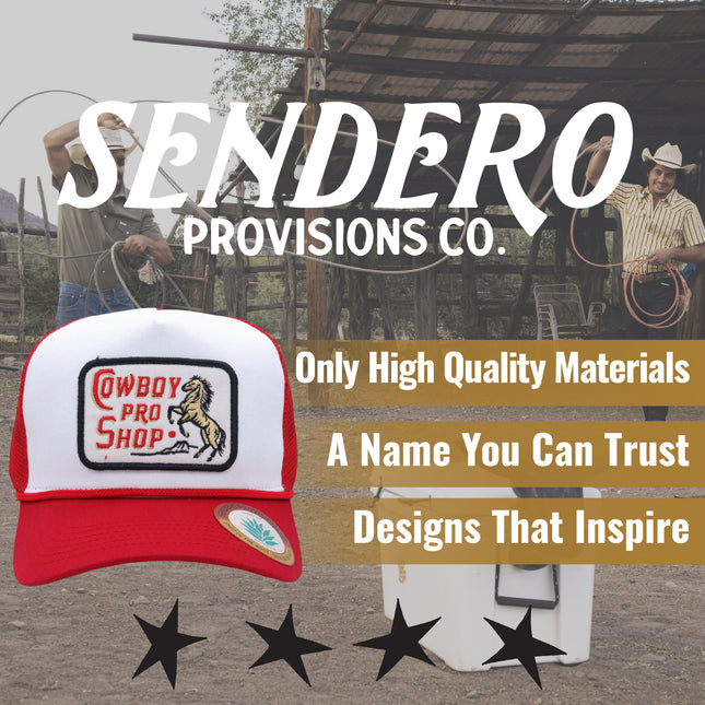 Sendero Provisions Co. Cowboy Pro Shop Hat - White/Red - Trucker Snapback w/ Embroidered Logo & Mesh Back, One Size