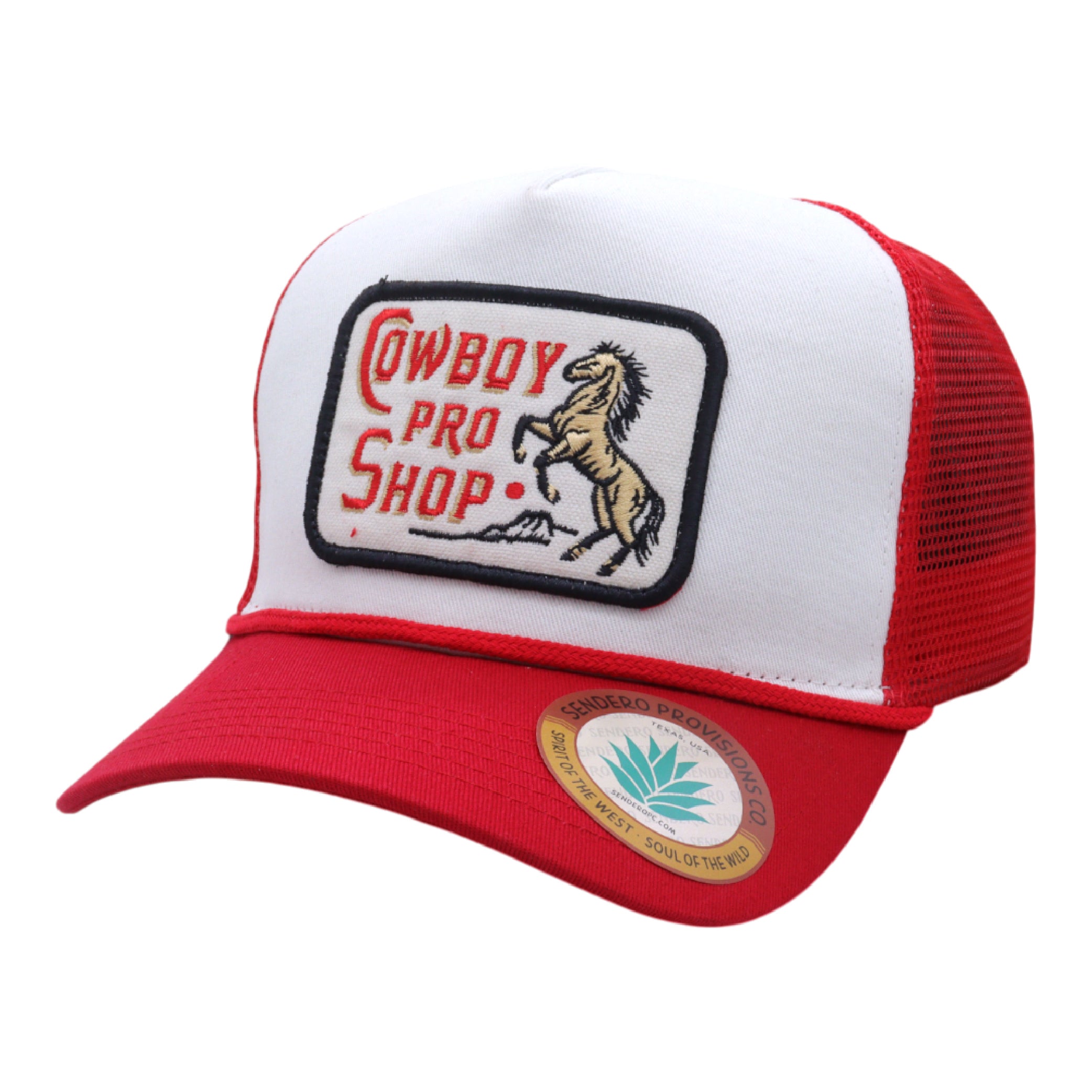 Sendero Provisions Co. Cowboy Pro Shop Hat - White/Red - Trucker Snapback w/ Embroidered Logo & Mesh Back, One Size