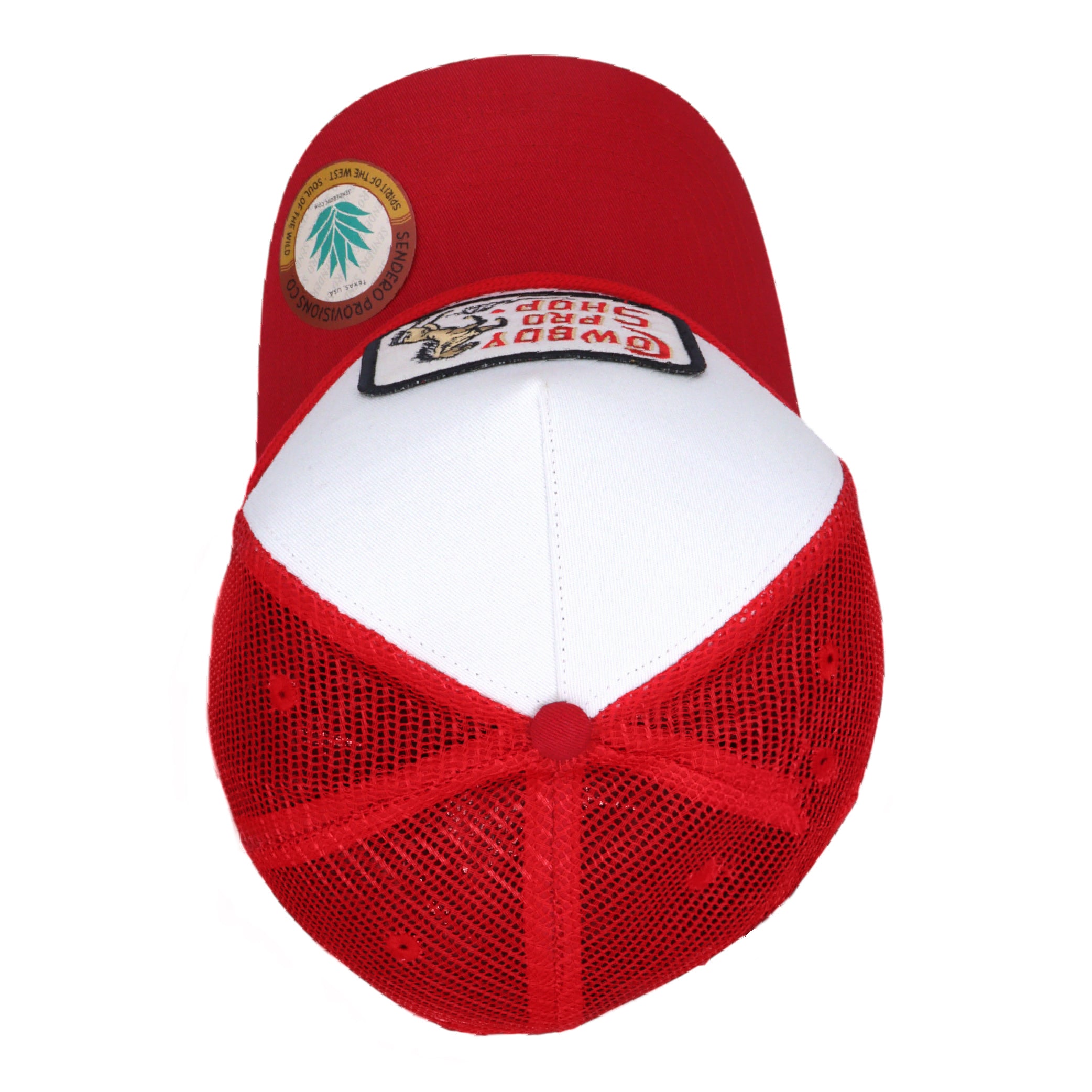 Sendero Provisions Co. Cowboy Pro Shop Hat - White/Red - Trucker Snapback w/ Embroidered Logo & Mesh Back, One Size