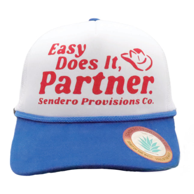 Sendero Provisions Co. Easy Does It, Partner Adjustable Snapback Hat with Screen Printed Design (White/Blue) - One Size
