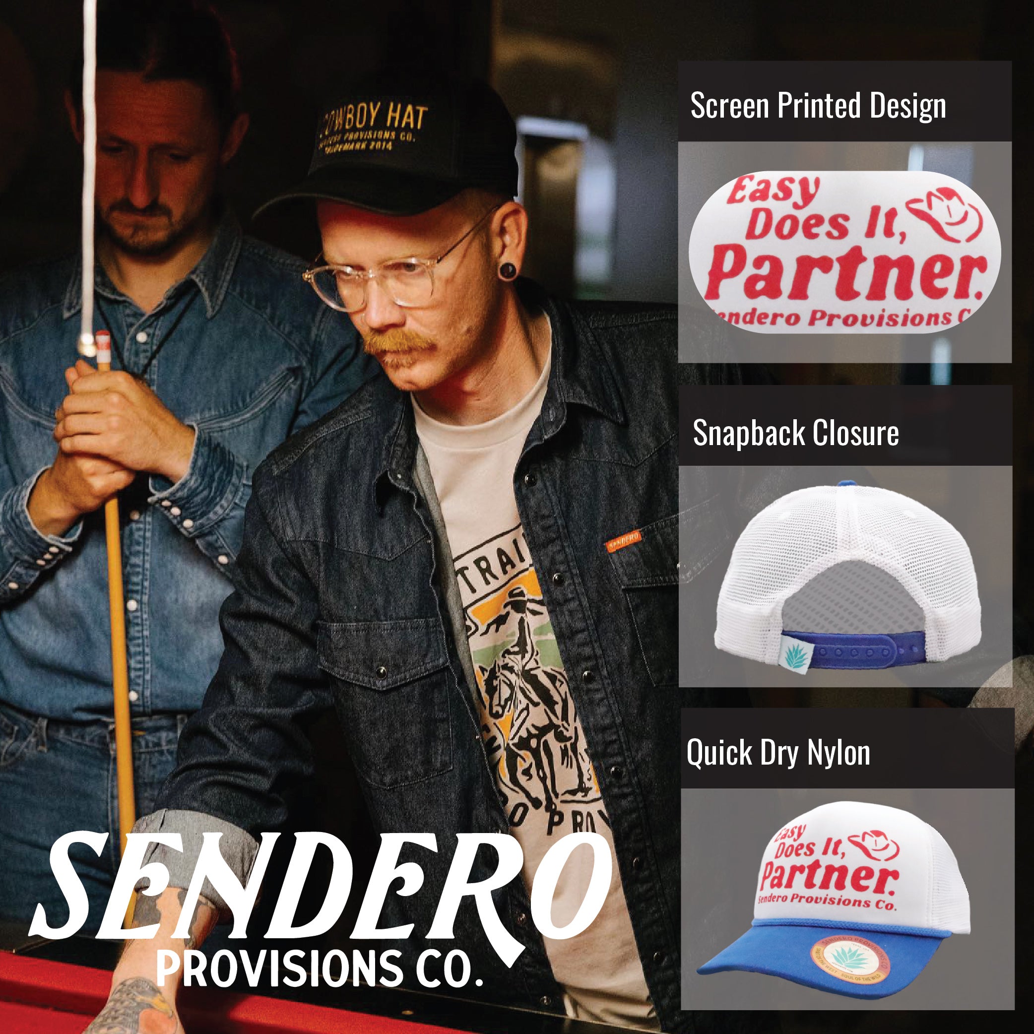 Sendero Provisions Co. Easy Does It, Partner Adjustable Snapback Hat with Screen Printed Design (White/Blue) - One Size