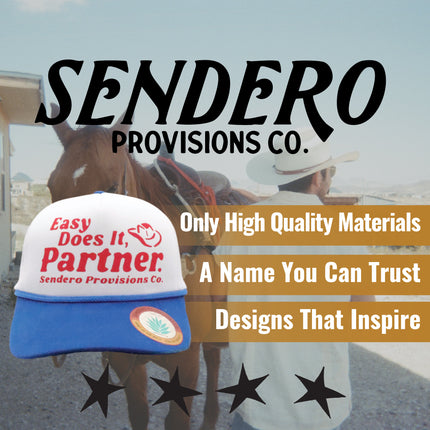 Sendero Provisions Co. Easy Does It, Partner Adjustable Snapback Hat with Screen Printed Design (White/Blue) - One Size