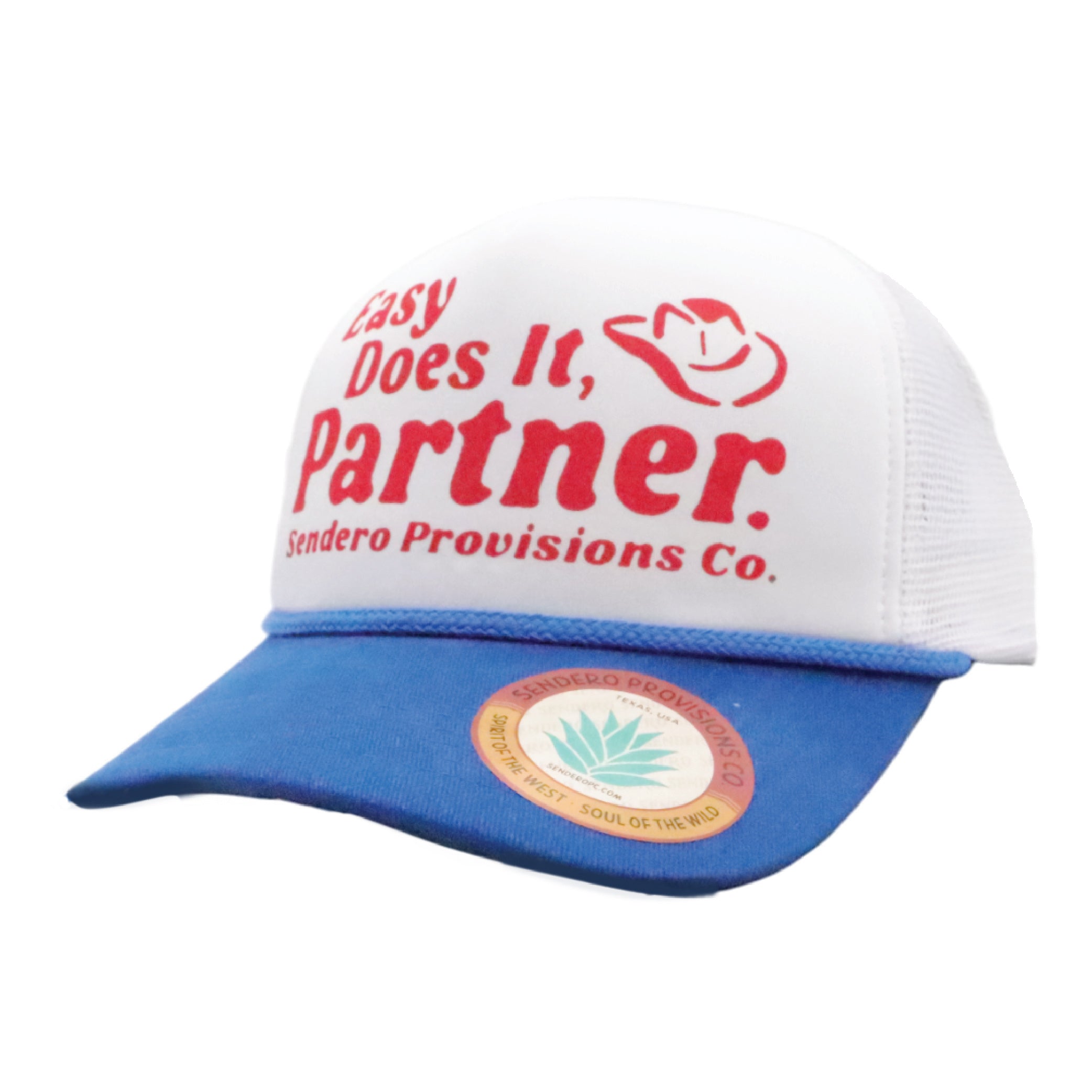 Sendero Provisions Co. Easy Does It, Partner Adjustable Snapback Hat with Screen Printed Design (White/Blue) - One Size