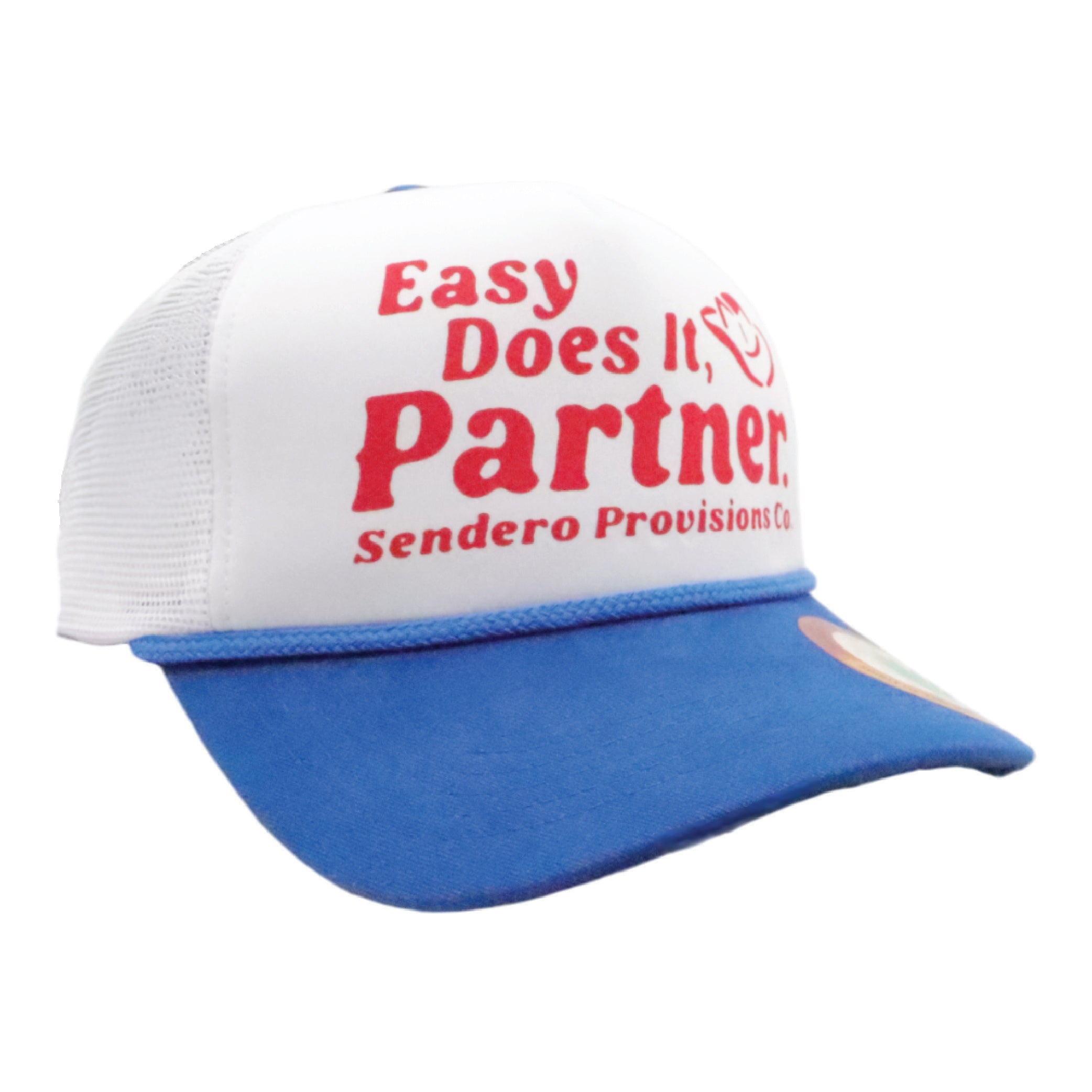 Sendero Provisions Co. Easy Does It, Partner Adjustable Snapback Hat with Screen Printed Design (White/Blue) - One Size