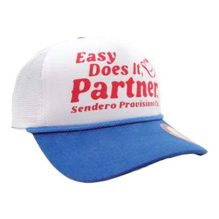 Sendero Provisions Co. Easy Does It, Partner Adjustable Snapback Hat with Screen Printed Design (White/Blue) - One Size