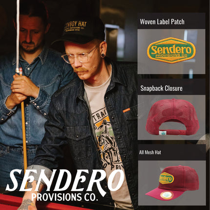 Sendero Provisions Co. Red Mesh Supply Hat, Adjustable Snapback with Detailed Embroidered Patch  (Red) - One Size