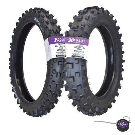 Hoosier Racing Tire Set: 60/100-14 MX30 & 90/100-14 IMX30 Tube Tires & Keychain