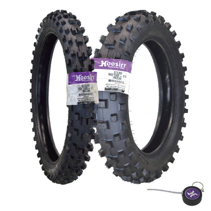 Hoosier Racing Tire Set: 70/100-17 MX30 & 90/100-14 IMX30 Tube Tires & Keychain