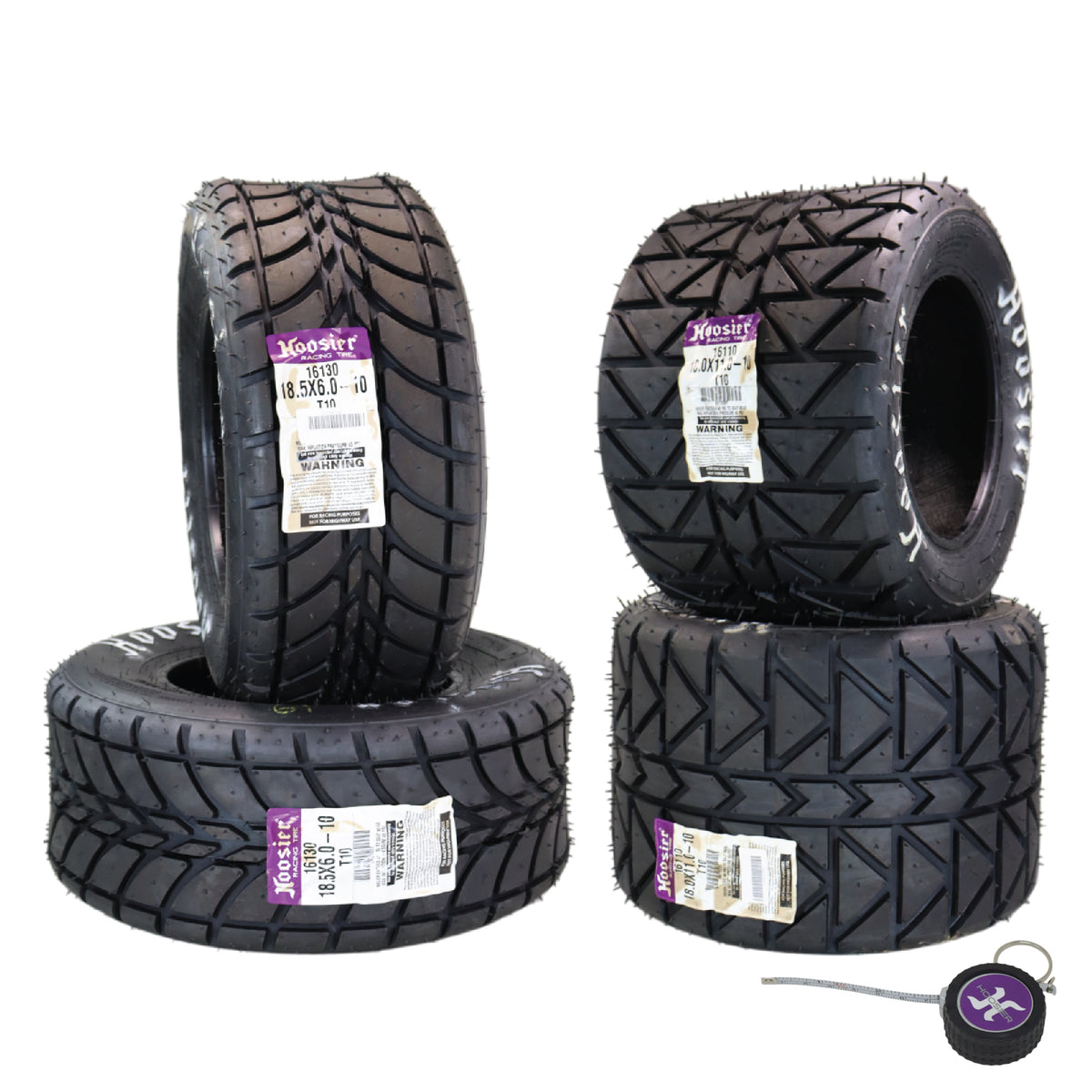 Hoosier Flat Track & TT ATV Tire Set with (2) 18.5x6.0-10 - 16130T10 Front and (2) 18.0X11.0-10 - 16110T10 Rear for Off-Road Racing with Hoosier Keychain (4-Pack)