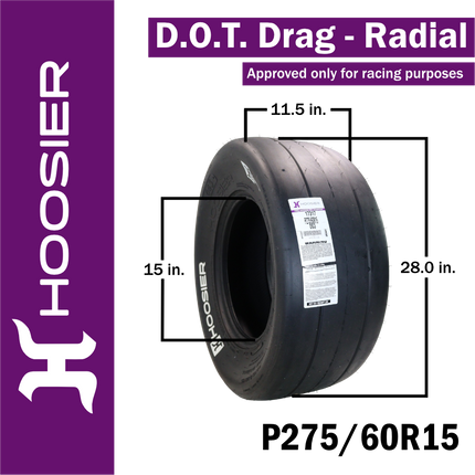 Hoosier 17317 D.O.T. Drag Radial Tire (P275/60R15) | 27.7" x 9.8" Track & Racing Tire with Solid White Letters – Includes Collector Rubber Tire Keychain
