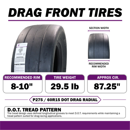 Hoosier 17317 D.O.T. Drag Radial Tire (P275/60R15) | 27.7" x 9.8" Track & Racing Tire with Solid White Letters – Includes Collector Rubber Tire Keychain (2 Pack)