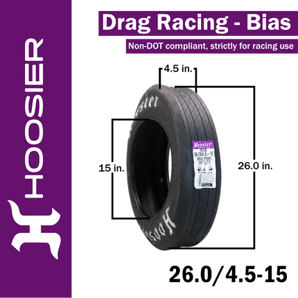Hoosier 18105 Front Drag Racing Tire - 26.0/4.5-15 Bias-Ply Tire with Exceptional Stability and Lightweight Construction for Drag Racing Applications – Includes Collector Miniature Tire Keychain