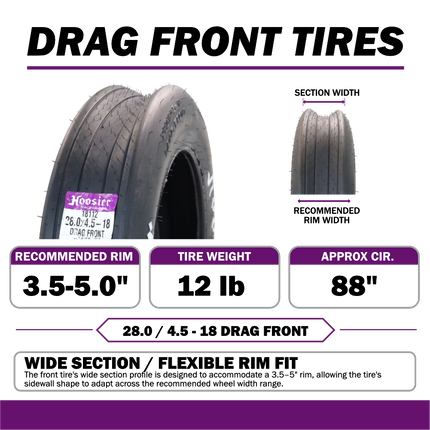 Hoosier 18112 Front Drag Racing Tire - 28.0/4.5-18 Bias-Ply Tire with Exceptional Stability and Lightweight Construction for 18-Inch Wheels  Includes Collector Miniature Tire Keychain