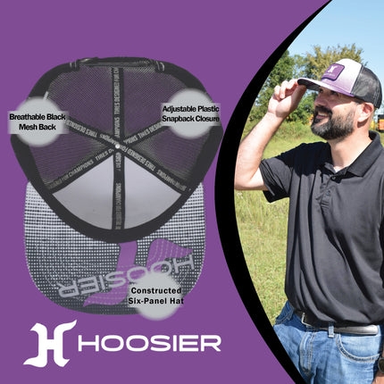 Hoosier Bumpstomp Purple & White Snapback Trucker Style Baseball Hat with Breathable Black Mesh Back & Adjustable Plastic Snapback Closure with Hoosier Keychain