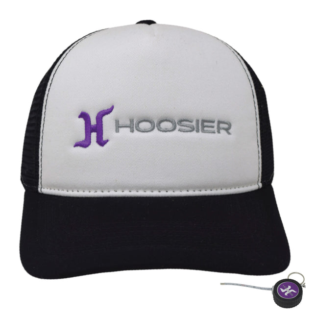 Hoosier Straightaway White Snapback Trucker Style Baseball Hat with Breathable Black Mesh Back & Adjustable Plastic Snapback Closure with Hoosier Keychain