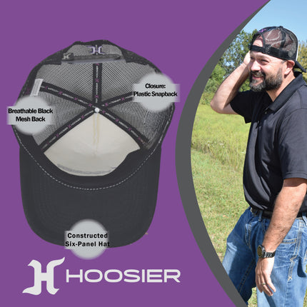 Hoosier Straightaway White Snapback Trucker Style Baseball Hat with Breathable Black Mesh Back & Adjustable Plastic Snapback Closure with Hoosier Keychain