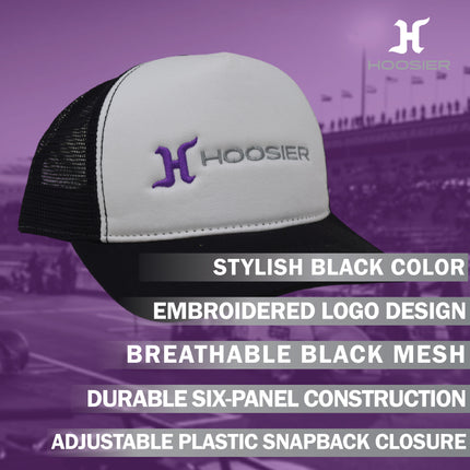 Hoosier Straightaway White Snapback Trucker Style Baseball Hat with Breathable Black Mesh Back & Adjustable Plastic Snapback Closure with Hoosier Keychain
