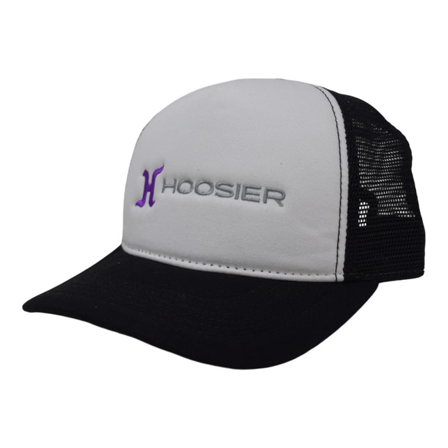Hoosier Straightaway White Snapback Trucker Style Baseball Hat with Breathable Black Mesh Back & Adjustable Plastic Snapback Closure with Hoosier Keychain