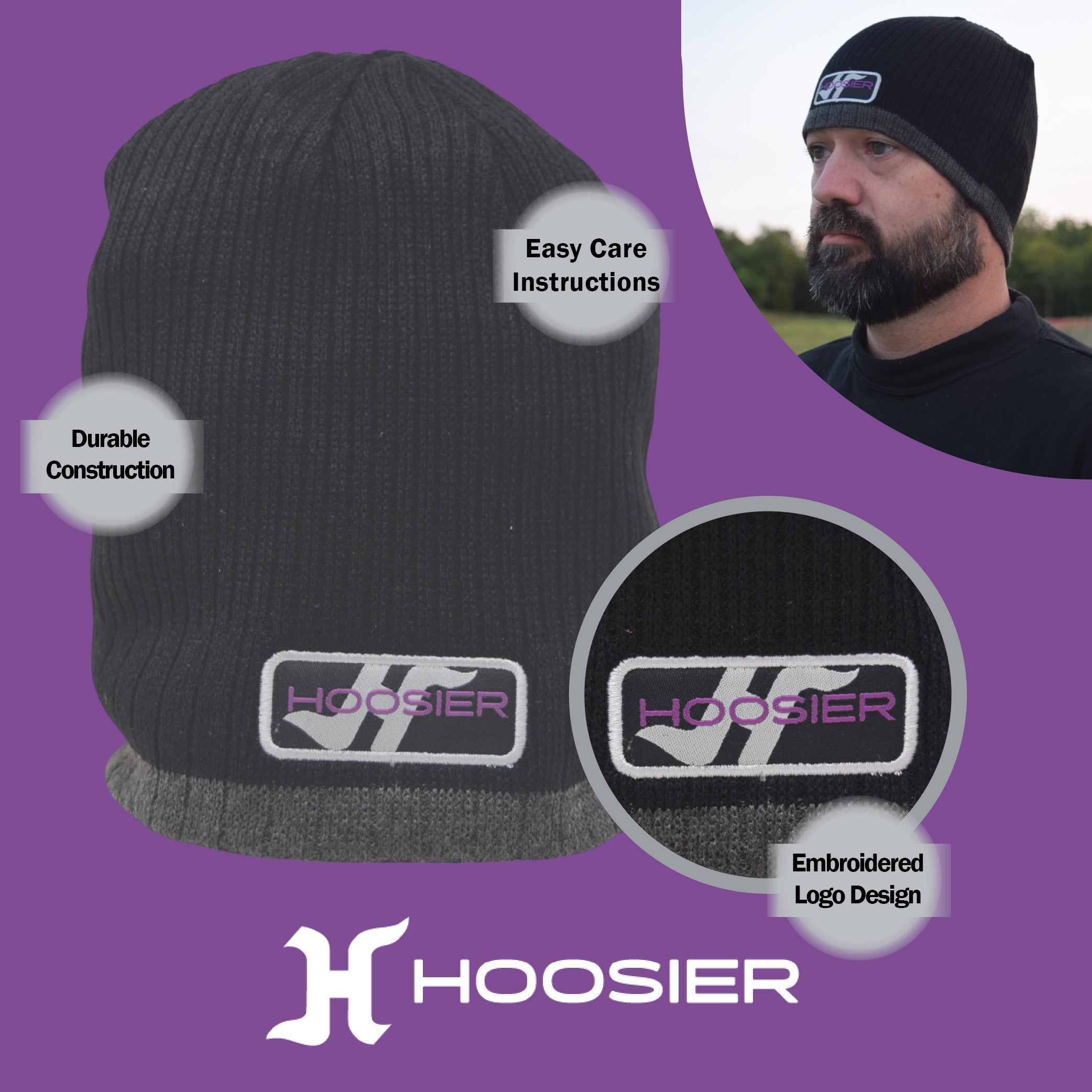 Hoosier Gear-Head Beanie Stocking Cap Hat - Black w/ Hoosier Brand Logo with Hoosier Keychain