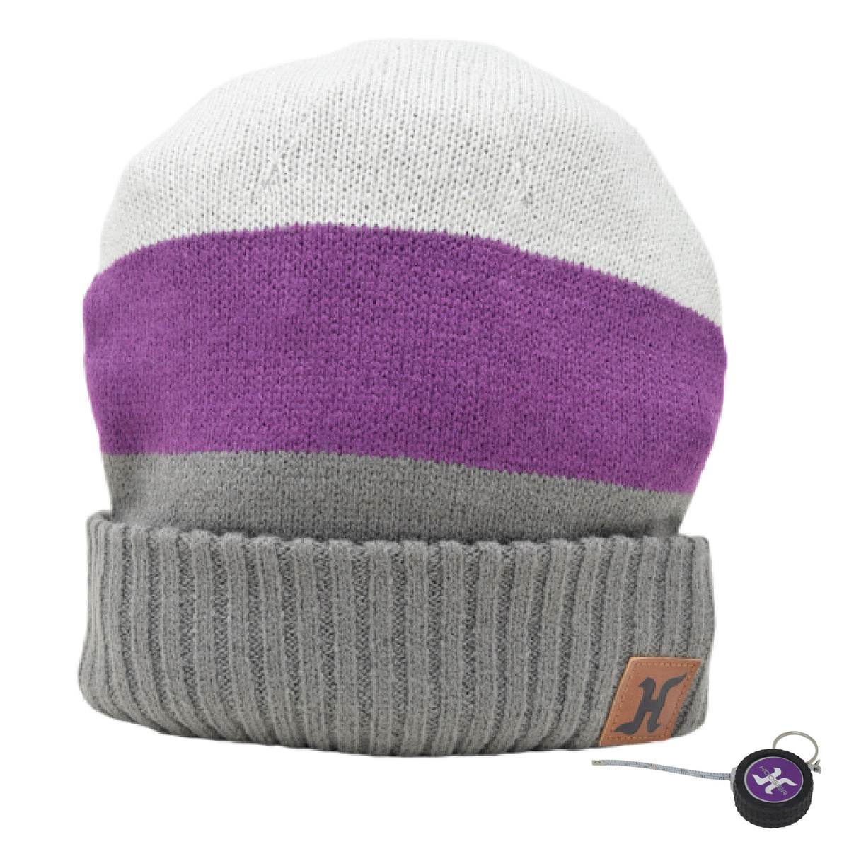 Hoosier Rookie Beanie Stocking Cap Hat with Ivory, Purple, and Gray with Hoosier Keychain