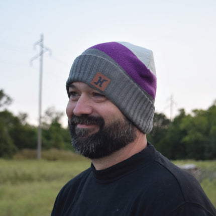 Hoosier Rookie Beanie Stocking Cap Hat with Ivory, Purple, and Gray with Hoosier Keychain