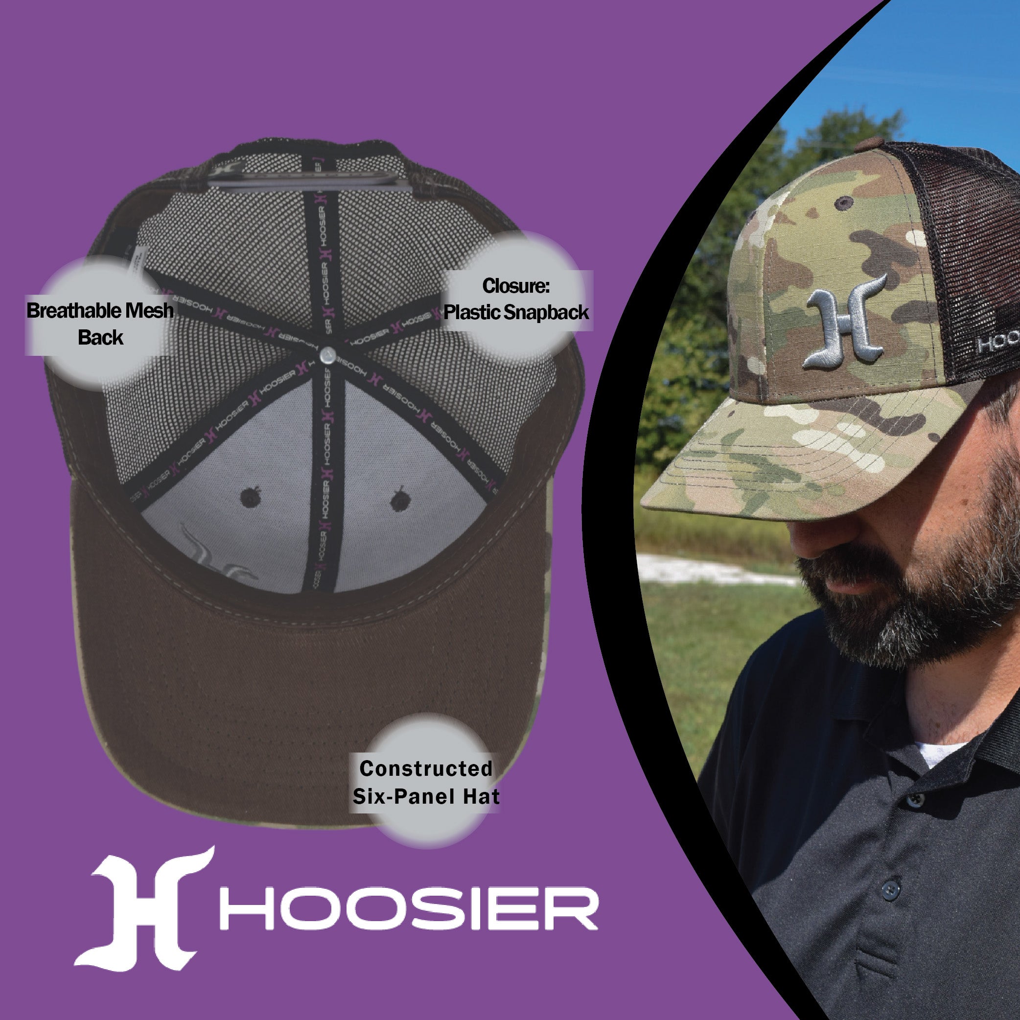 Hoosier Sandtrap Camo Snapback Trucker Baseball Hat w/ Breathable Black Mesh Back with Hoosier Keychain