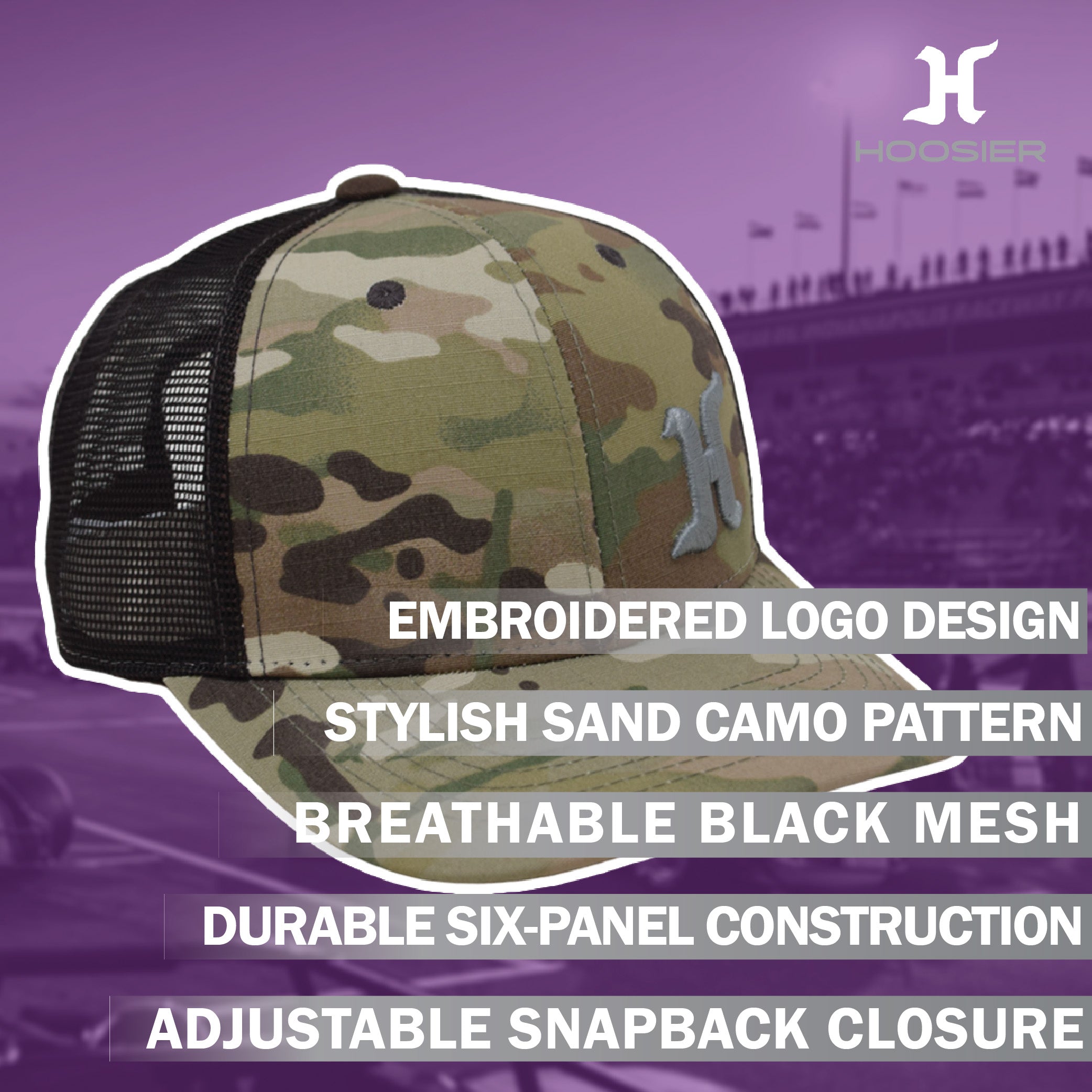 Hoosier Sandtrap Camo Snapback Trucker Baseball Hat w/ Breathable Black Mesh Back with Hoosier Keychain