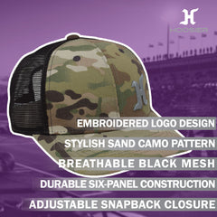 Hoosier Sandtrap Camo Snapback Trucker Baseball Hat w/ Breathable Black Mesh Back with Hoosier Keychain