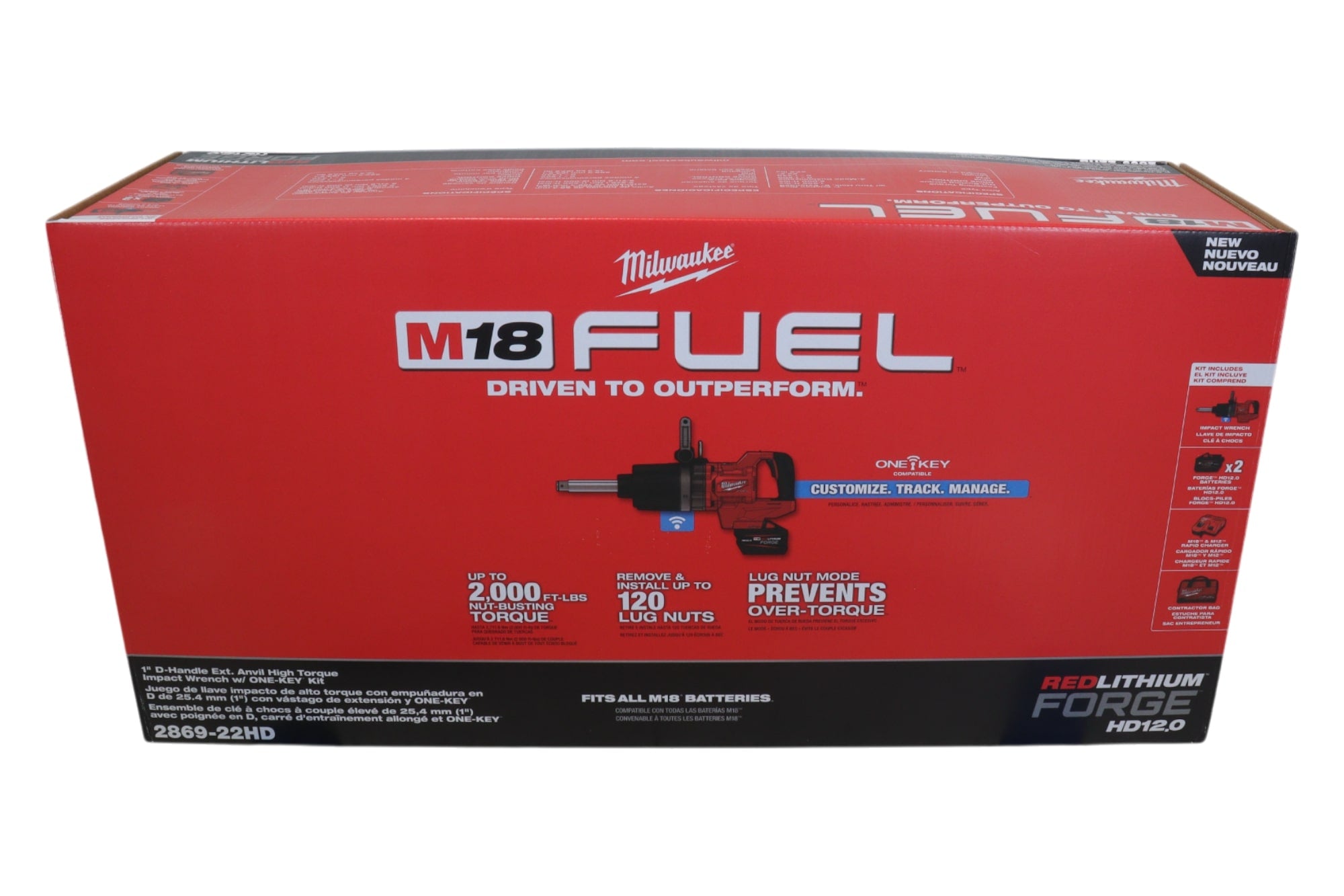 Milwaukee 2869-22HD M18 FUEL 18V Lithium-Ion Brushless Cordless 1 in. Impact Wrench Extended Reach D-Handle Kit w/Two 12.0 Ah Batteries