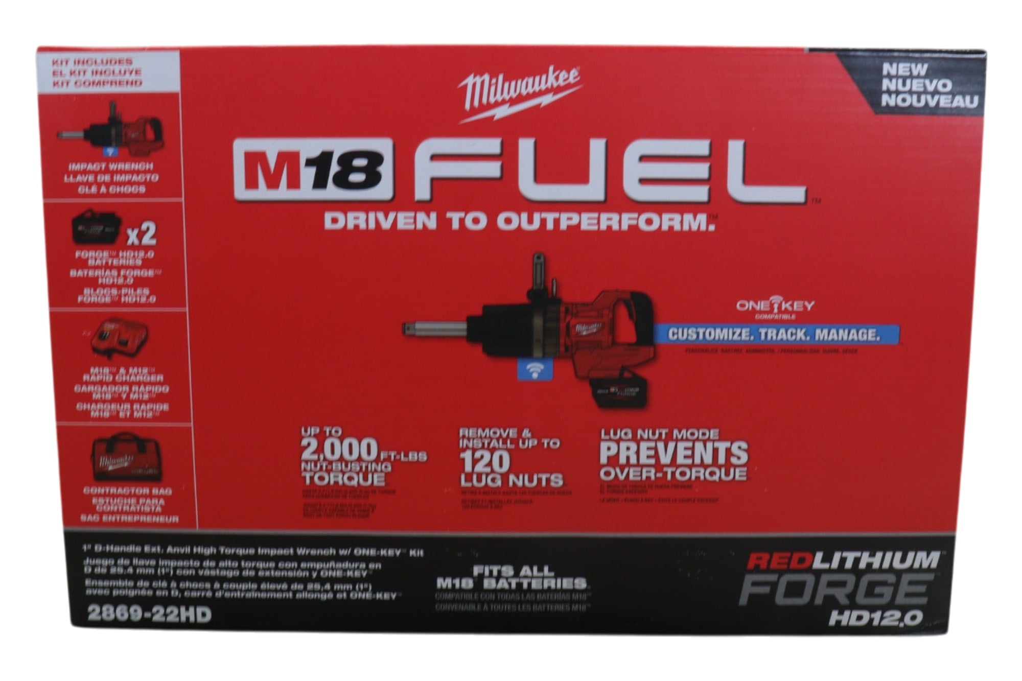 Milwaukee 2869-22HD M18 FUEL 18V Lithium-Ion Brushless Cordless 1 in. Impact Wrench Extended Reach D-Handle Kit w/Two 12.0 Ah Batteries