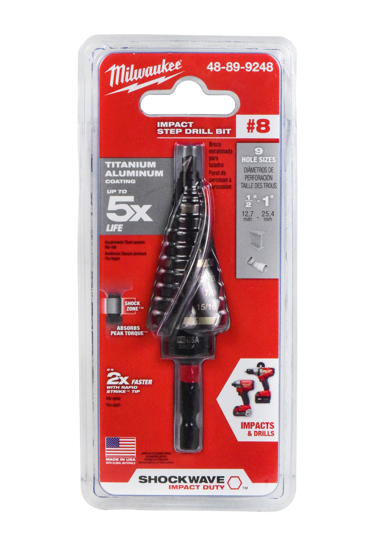MILWAUKEE 48-89-9248 SHOCKWAVE Impact Duty Step Bit #8, 1/8" - 1"
