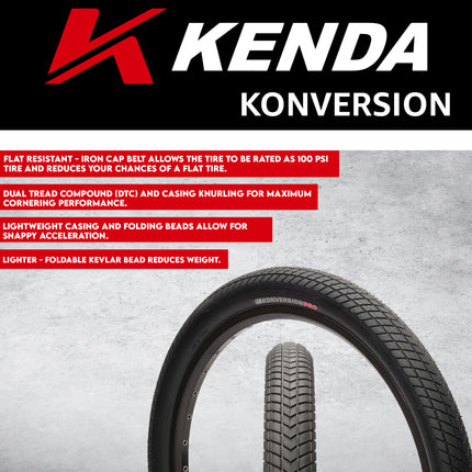Kenda Konversion Pro K1079 - 20x1.95 Tube Bicycle Tire - 120TPI, 100 PSI Max, and Fold Bead - Lightweight, High- Performance BMX and Street Bike Tire (20x1.95)(20/1.95) w/ Kenda Keychain