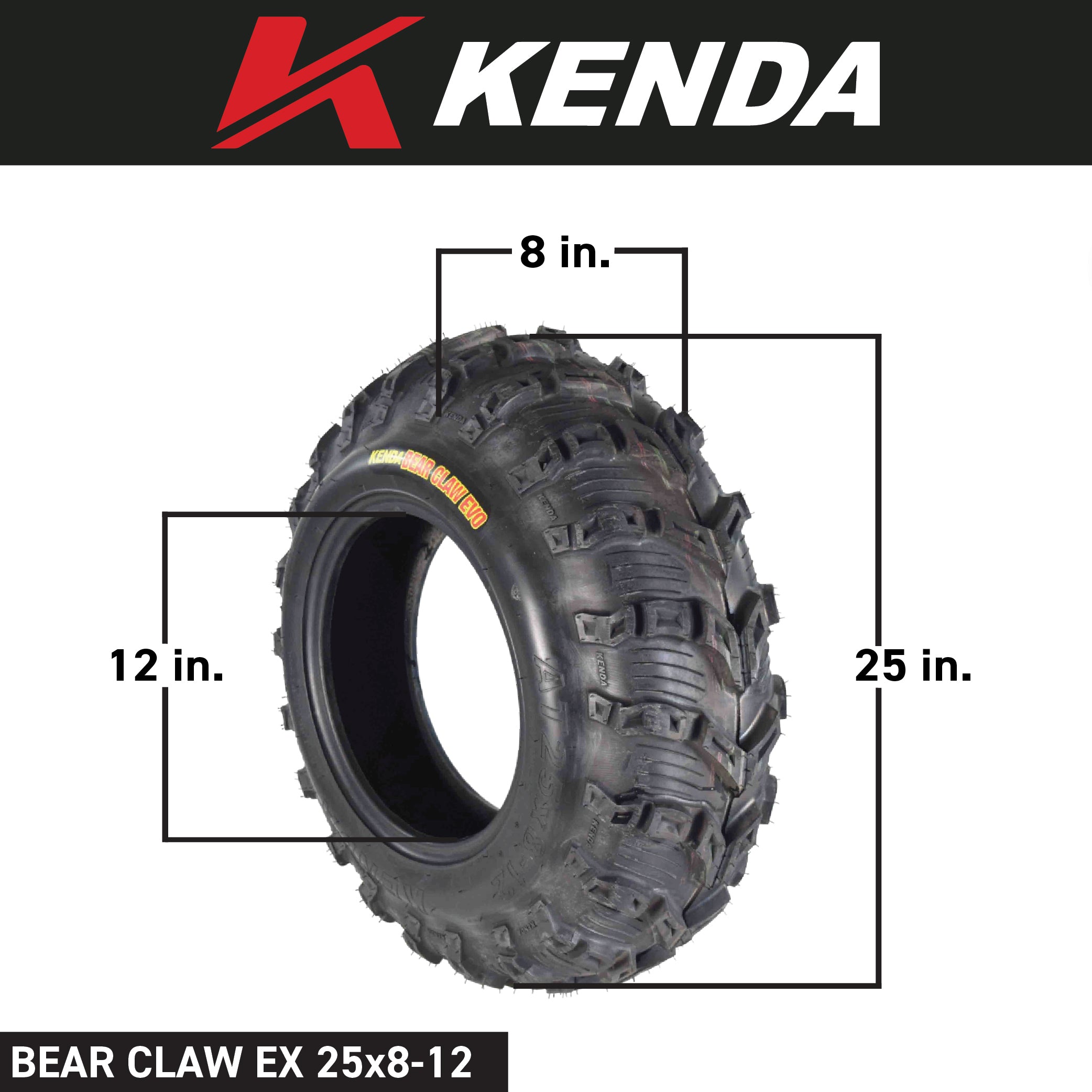 Kenda Bearclaw EVO K592 - 25x8-12 Front Tire for All Terrain (ATV), UTV, and Side by Side (SxS) Vehicles - 6-Ply - Bear Claw EVO 25x8x12