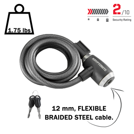 Kryptonite KryptoFlex 1218 Key Cable Bike Lock - 6 ft. Long, 1/2" Diameter Cable with Keys for Bicycles; E-Bikes; Scooters (004967)