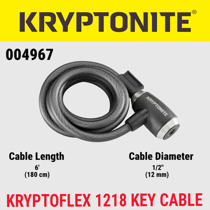 Kryptonite KryptoFlex 1218 Key Cable Bike Lock - 6 ft. Long, 1/2" Diameter Cable with Keys for Bicycles; E-Bikes; Scooters (004967)