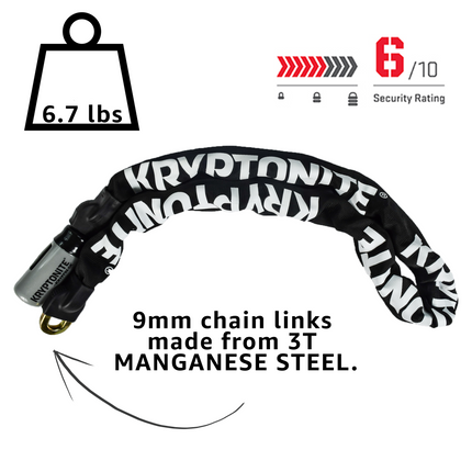 Kryptonite 912 KryptoLok 6.7 Pound Integrated Bike Chain - 47.25" Long 9mm Steel Chain with Keys for Bicycles; E-Bikes; Motorcycles; Scooters (001874)