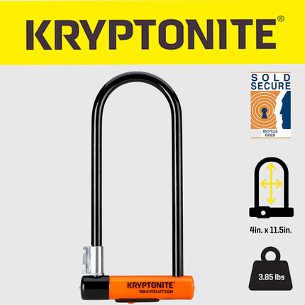 Kryptonite Evolution Long Shackle Bike U-Lock, Anti-Theft Security Sold Secure Gold, 14mm Steel Shackle with Mounting Bracket and Keys, High Security for Bicycles, E-Bikes and Scooters, Black/Orange