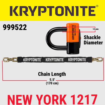 Kryptonite New York 1217 Evolution 13 Pound Bike Chain & Lock Combo - 5.5 ft. Long 12 mm Steel Chain & Disc Lock with Keys for Bicycles; E-Bikes; Motorcycles; Scooters (999522)