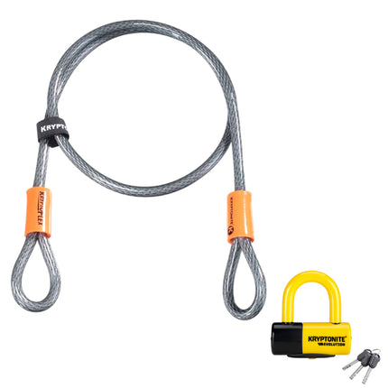 Kryptonite Evolution Series 4 Disc Lock Yellow and 710 7 ft Looped Cable - KryptoFlex 710 Double Loop 7 ft. Long Cable for Use With All Kryptonite U-Locks, Disc Locks, and Padlocks