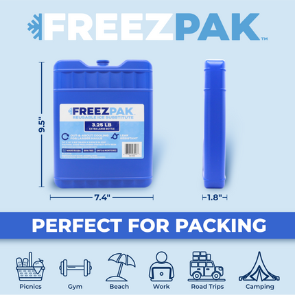 Freez Pak X-Large 3.25lb Ice Pack Block - Reusable & Compact Ice Substitute Pack for Lunch Boxes, Coolers, Fishing, Sporting Events, Beach & Camping Trips - Made in the USA (8-Pack)