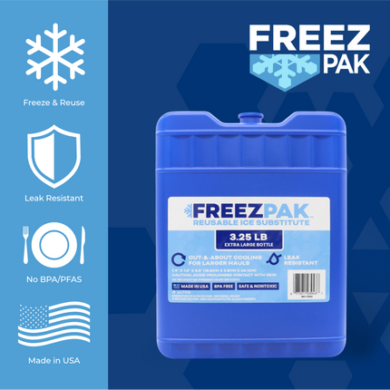 Freez Pak X-Large 3.25lb Ice Pack Block - Reusable & Compact Ice Substitute Pack for Lunch Boxes, Coolers, Fishing, Sporting Events, Beach & Camping Trips - Made in the USA (2-Pack)