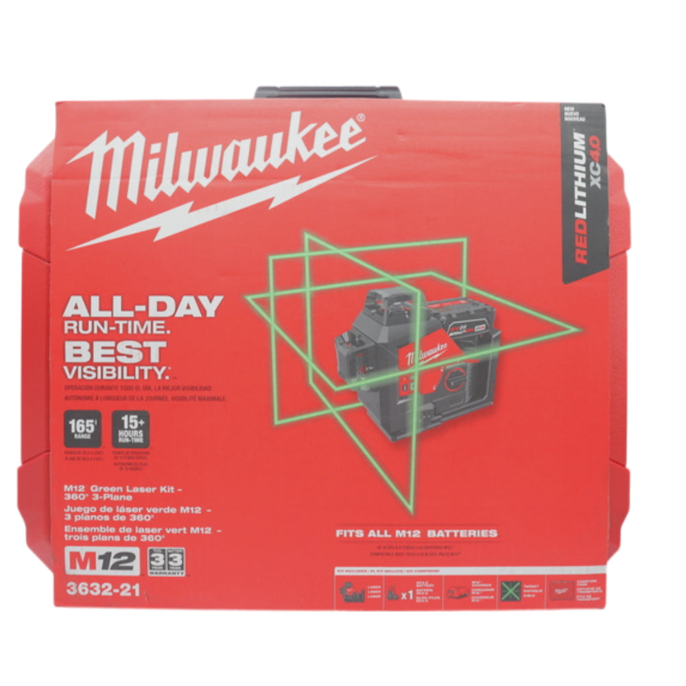 Milwaukee 3632-21 M12 Green 360 Degree 3-Plane Laser Kit