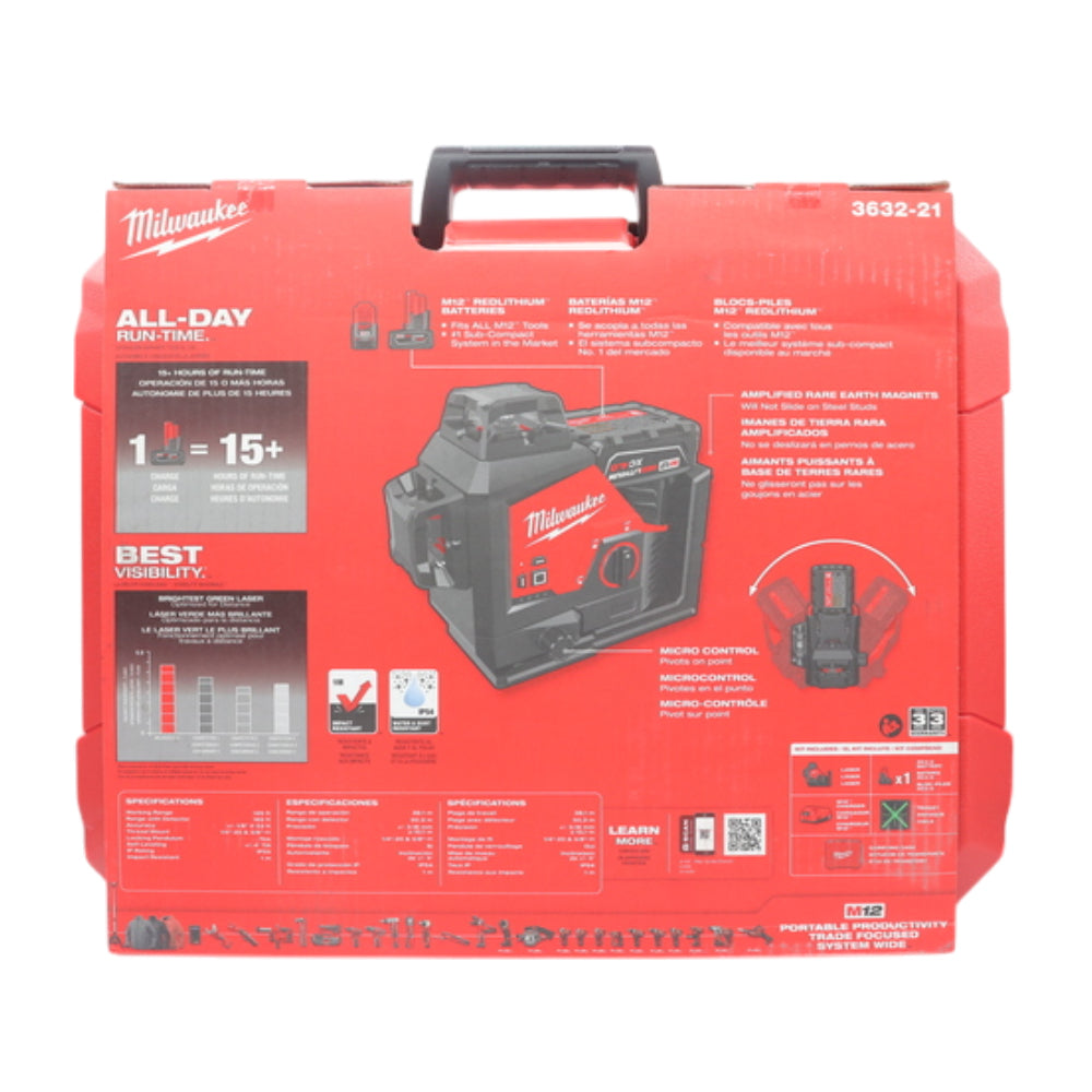 Milwaukee 3632-21 M12 Green 360 Degree 3-Plane Laser Kit