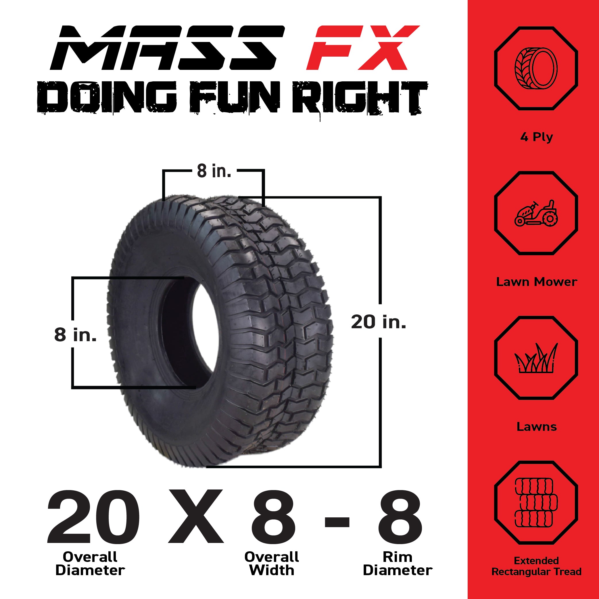 MASSFX 20x8-8 Lawn Mower Tires 20x8 Tractor Mower 4 Pack 20x8x8 Lawn & Garden