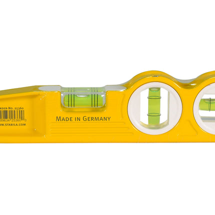 Stabila 25360 10‑Inch Die‑Cast Magnetic Torpedo Level with Adjustable 360‑Degree Vial, V‑Groove Frame, Precision Milled Surface, and Three‑Vial Layout for Professional Construction and Metalwork