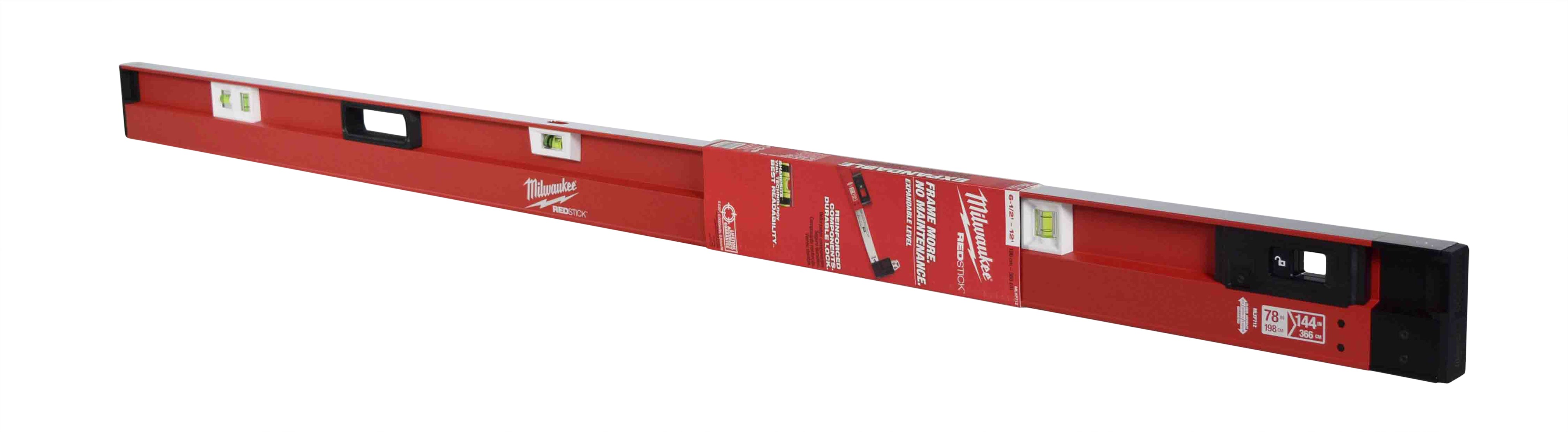 Milwaukee MLXP712 78" - 144" REDSTICK Expandable 3-Vial Aluminum Plate Level