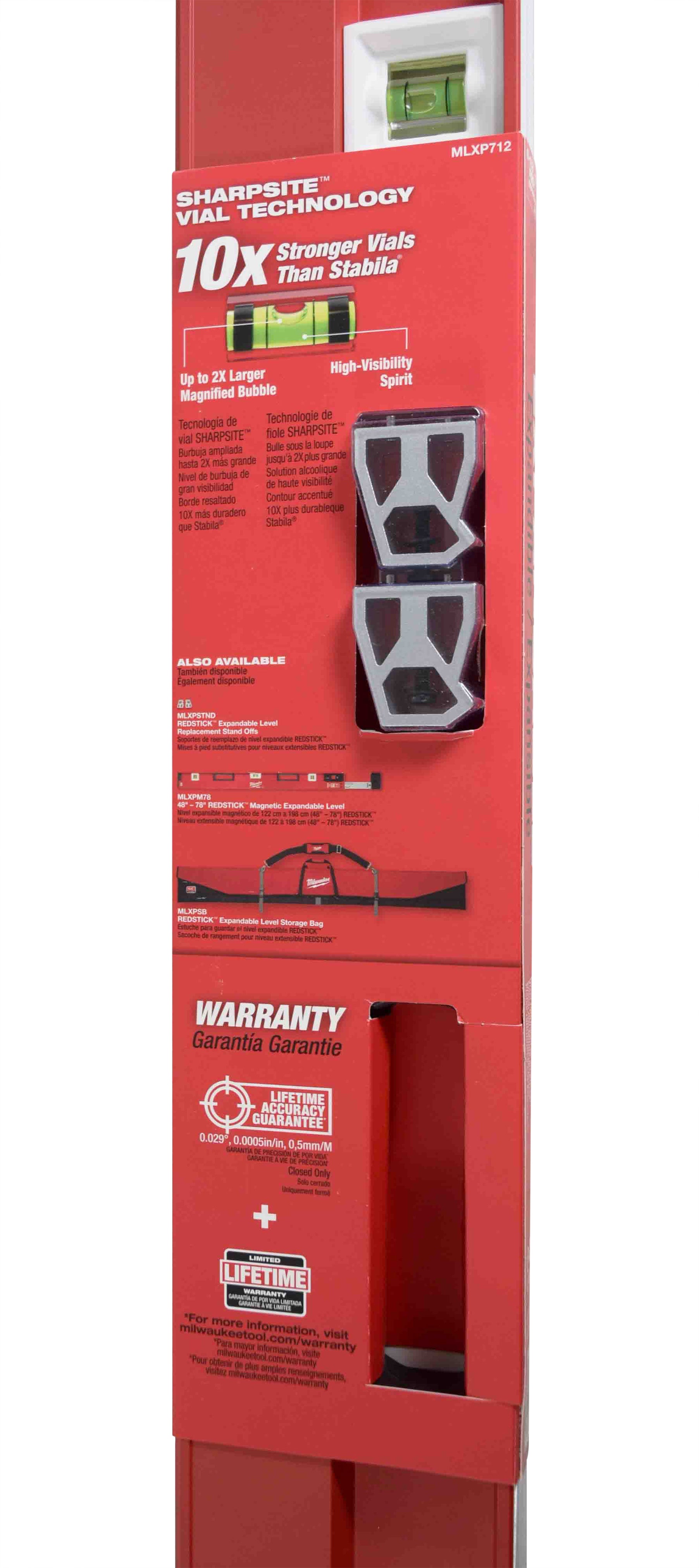 Milwaukee MLXP712 78" - 144" REDSTICK Expandable 3-Vial Aluminum Plate Level